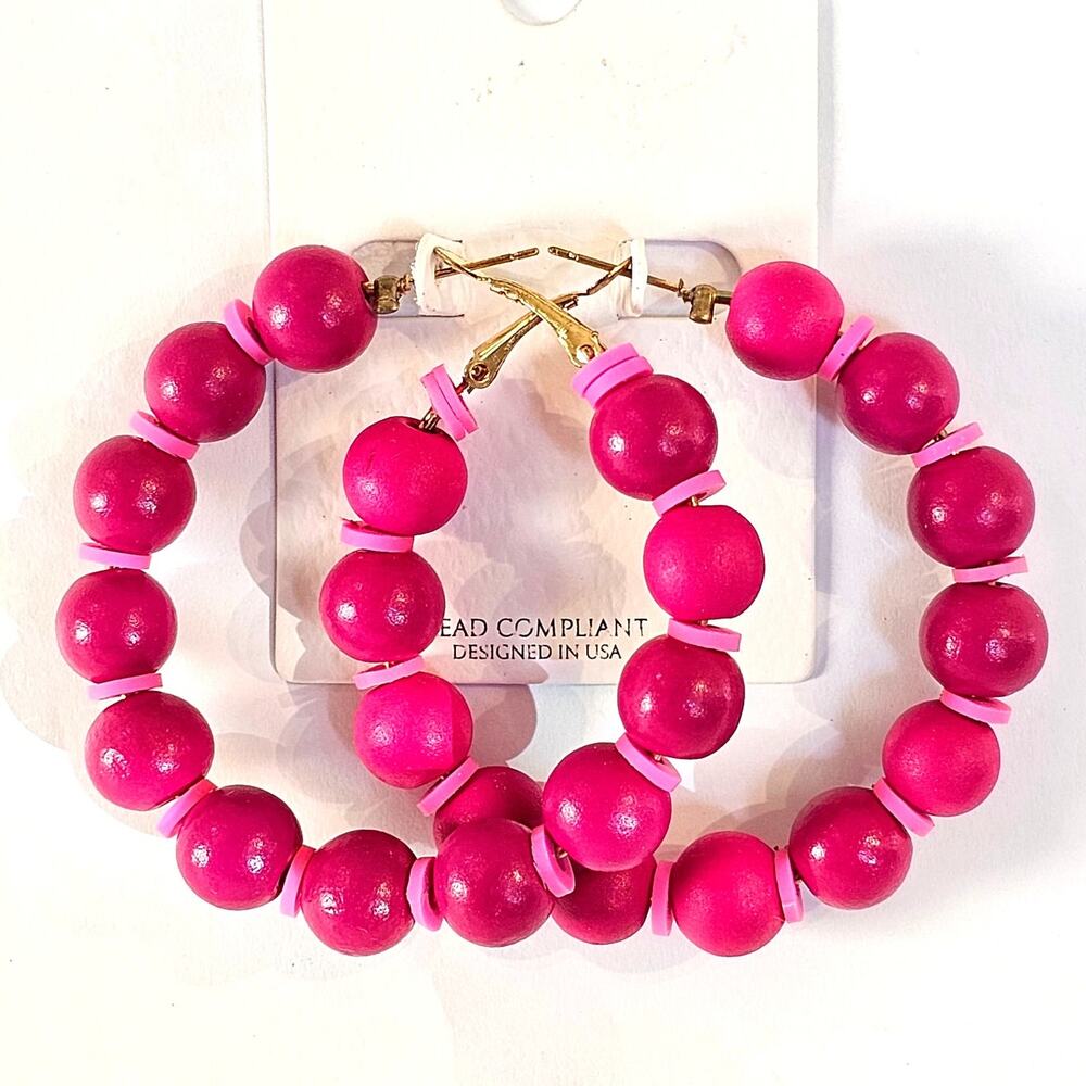 Pink Wooden Bead Hoop Earrings Large Round Statement Gold Latch Back 2.28"